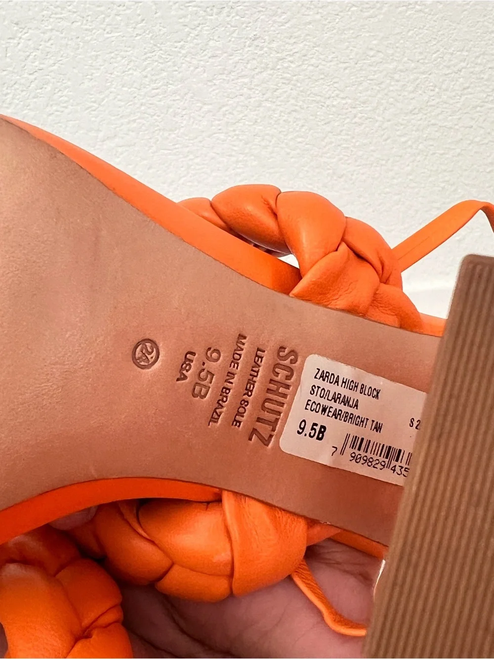 Schutz Zaria Orange High Block Heel Sandals Braided Ankle Straps Women's 9.5B